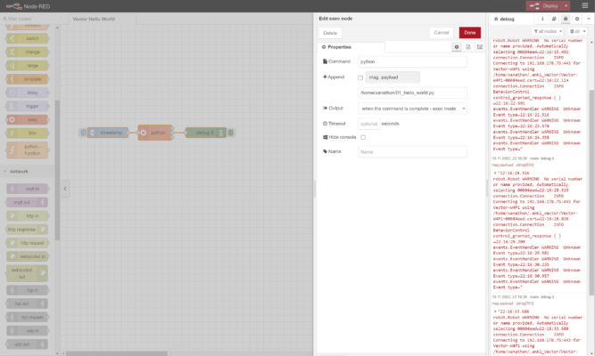 Node RED controls Vector via Python SDK on Wire-Pod ...