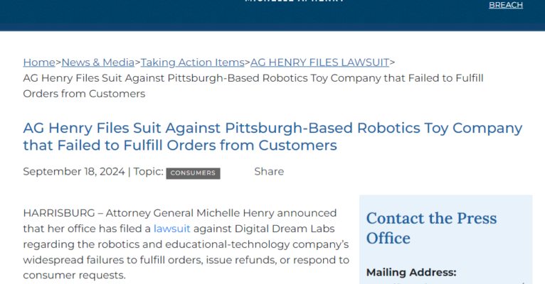 At last! Pittsburgh Attorney General files suit against Digital Dream Labs